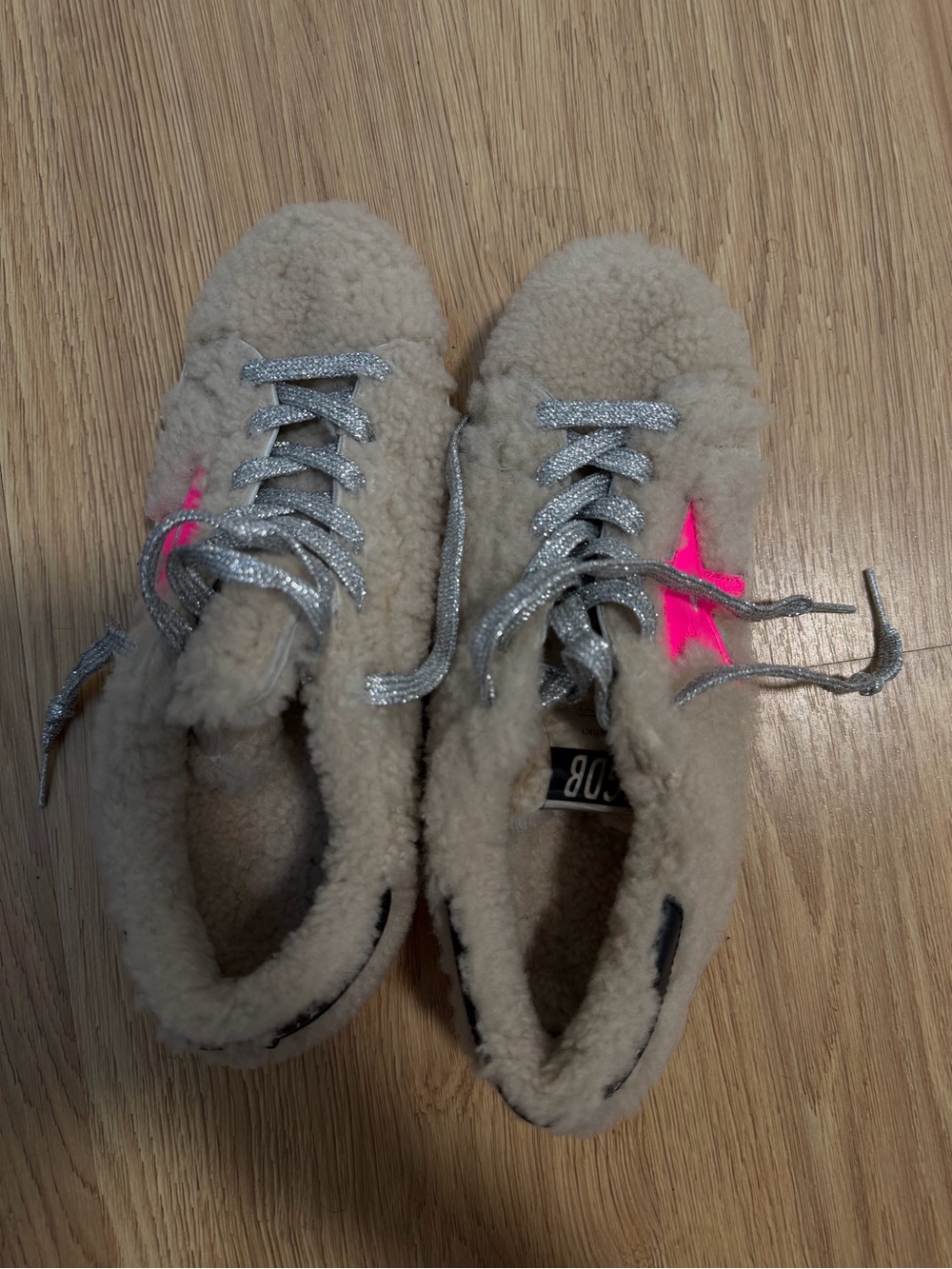 Golden Goose Beige Sherpa Sneakers with Silver Laces and Hot Pink Star